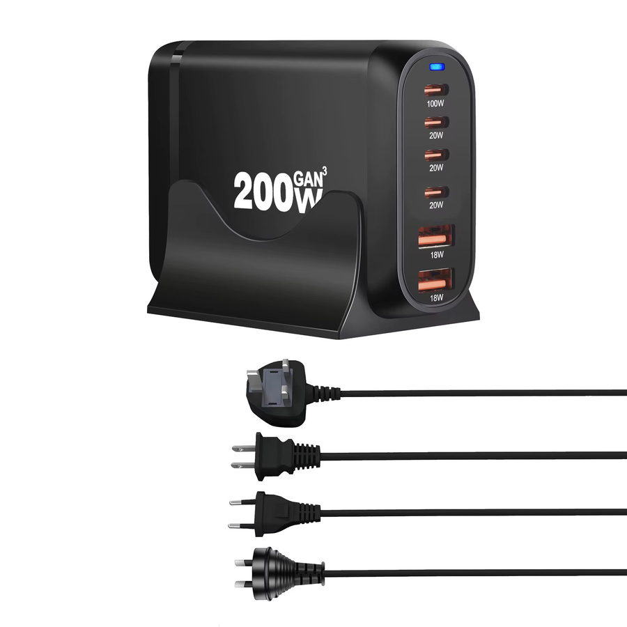 Deepartner 200W GaN Tischladegerät mit 6 USB-Ports, USB Typ C PD Fast Charge 3.0 Schnellladegerät, Schwarz - Bild 2