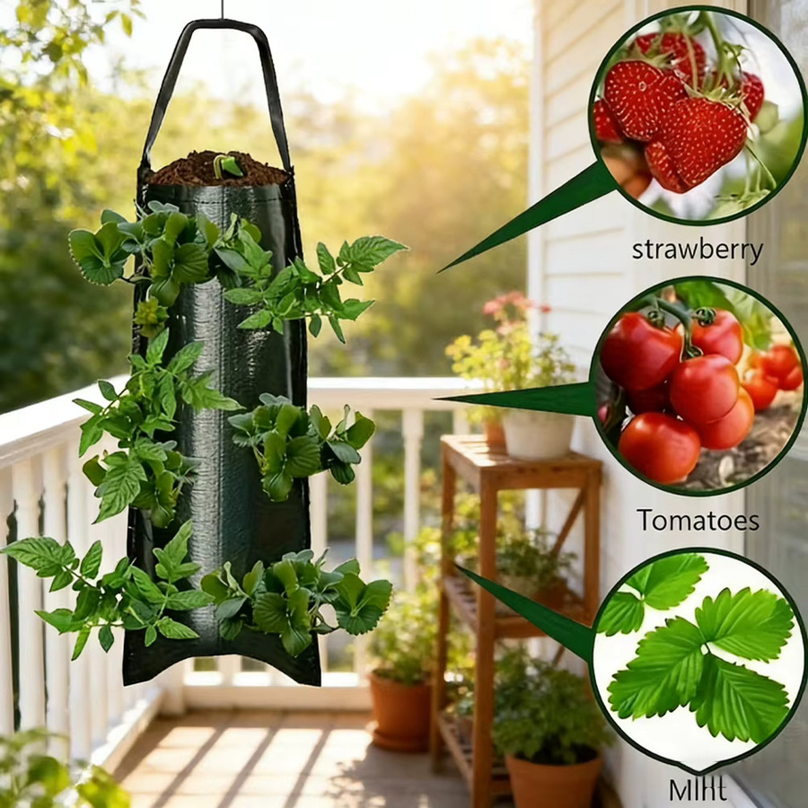 Vertikaler Pflanzbeutel mit 6 Löchern für Erdbeeren und Gemüse, Grün, B/H: 25 x 70 cm - Bild 2