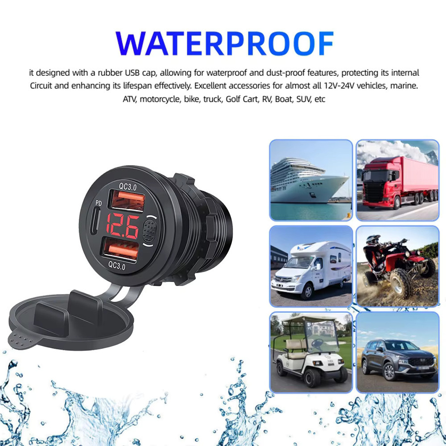 KEBETEME Autoladegerät-Buchse mit PD3.0 und QC3.0 Schnellladung, doppelte USB-C-Anschlüsse, wasserdicht, 78 W, Aluminium, Schwarz, für 12 V/24 V Boote und Motorräder - Bild 2
