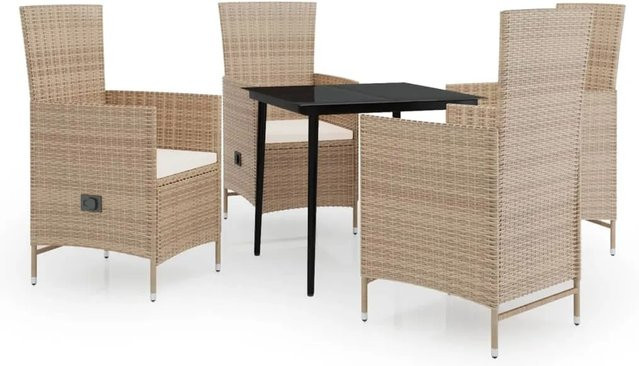 vidaXL 5-teilige Garten-Essgruppe aus PE-Rattan und pulverbeschichtetem Stahl in Beige und Schwarz mit Glasplatte und Kissen - Bild 1