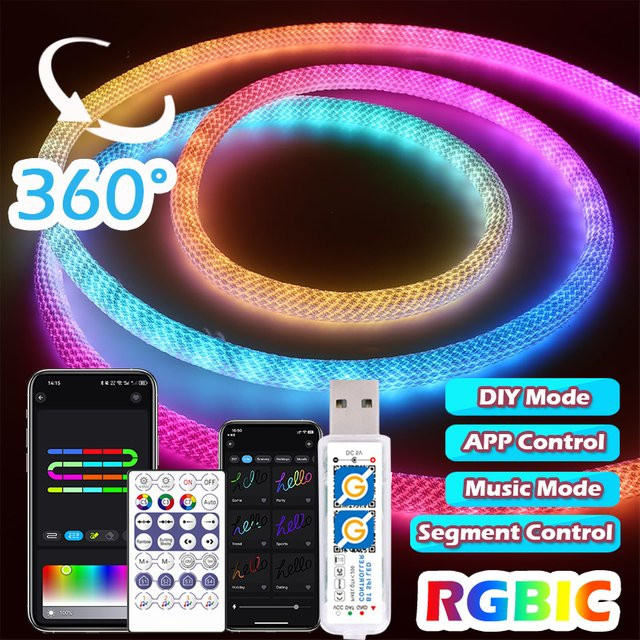 Acosh RGBIC Neon LED-Streifen USB WS2812B Multicolour mit rundem Nylonseil, 60 LEDs/m, 360 Grad omnidirektional, flexibel und schneidbar - Bild 1