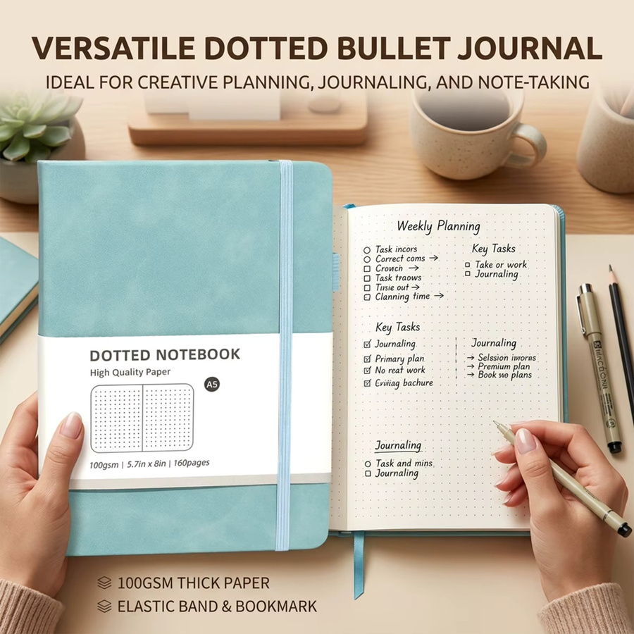 A5 Hardcover-Notizbuch in Pink mit Punktraster und linierten Seiten sowie Gummiband für Schule und Business - Bild 1
