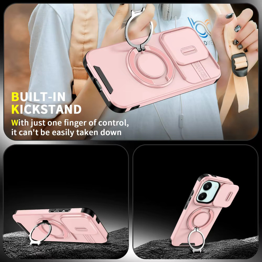 Xiaomi Redmi 15C Handyhülle mit Schiebe-Kameraabdeckung, Ringhalter und magnetischer Autohalterung in Pink - Bild 6