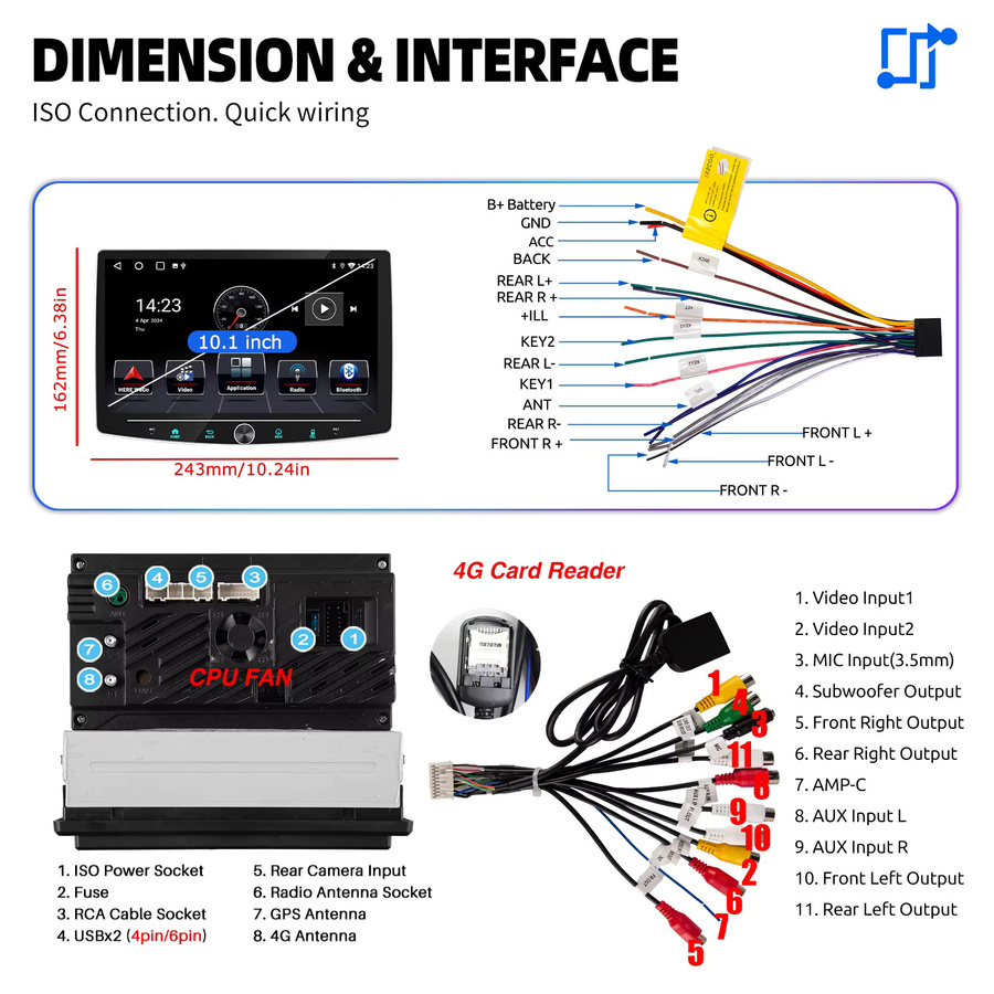 ESSGOO Android 14 Autoradio mit 10,1 Zoll drehbarem Display, 6GB RAM + 128GB Speicher, 1 DIN Stereo mit CarPlay, 4G LTE, GPS, WiFi und Knopfsteuerung in Schwarz - Bild 2
