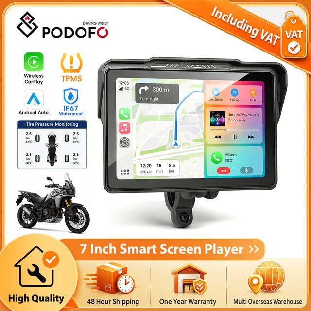 Podofo Kabelloser 7-Zoll Motorrad-Smart-Player mit Android Auto und CarPlay, IP67 Wasserdicht, Bluetooth, Farbe: Schwarz - Bild 1