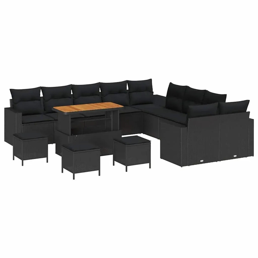 vidaXL Garten-Sofa-Set 14-teilig aus Poly-Rattan und Akazienholz in Schwarz mit Polstern und Tisch - Bild 2