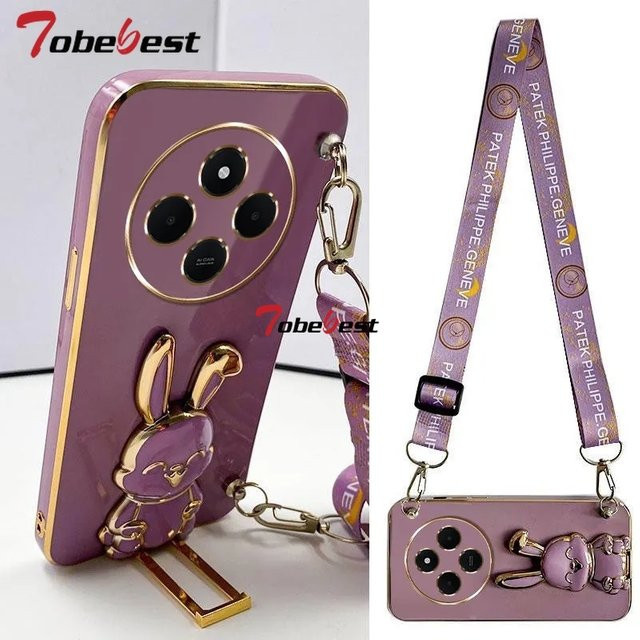Silikonhülle mit Lanyard und Kaninchen-Halterung für Xiaomi Redmi 14 Pro und 14C 5G in Schwarz - Bild 1