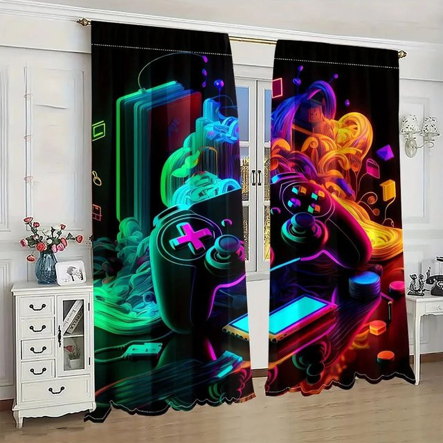 VIKAMA 2-teiliges Neon-Spielmaschinenvorhänge aus Polyester, Mehrfarbig, B/H: 150 x 70 cm - Bild 1