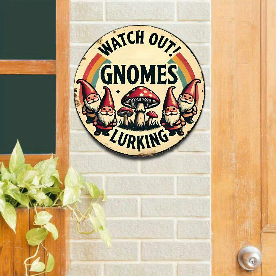 Rundes Aluminium-Wandschild Potdemiel Vintage Uhr raus! Gnomes Lurking mit skurrilem Zwergen-Design und Pilz, Durchmesser: 20,3 cm - Bild 2