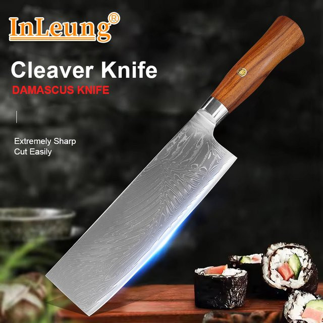 InLeung Damaskus Kochbeil Cleaver aus Stahl mit Holzgriff in Silber - Bild 1
