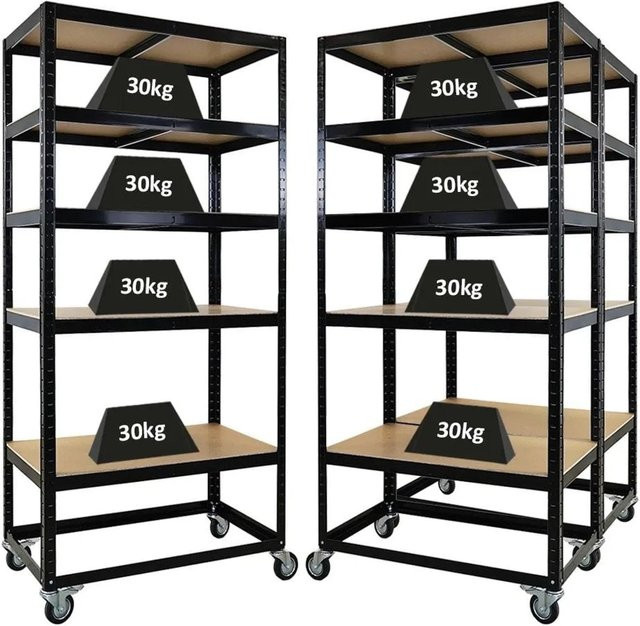 PROREGAL BÜFFEL Kommissionierwagen Set aus 3 Stück, Fahrbares Kommissionierregal in Schwarz mit 5 Ebenen und Feststellbremse, B/T/H: 192 x 90 x 50 cm, Fachlast 50 kg - Bild 1