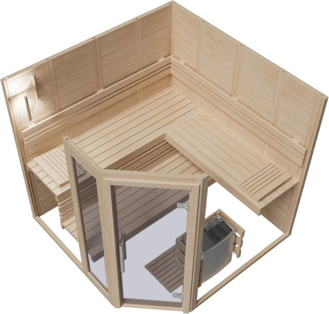 Sauna Eilo EL-BE 40-2121E Blockbohlen-Elementbauweise in 5-Eck-Form mit Glastür und Seitenteil aus unbehandeltem Weichholz - Bild 1