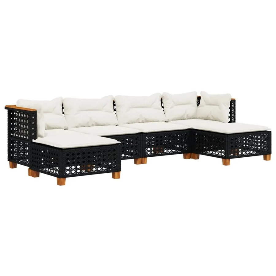 vidaXL 6-teilige Garten-Sofagarnitur in L-Form aus Polyrattan und Akazienholz mit Kissen in Schwarz - Bild 2