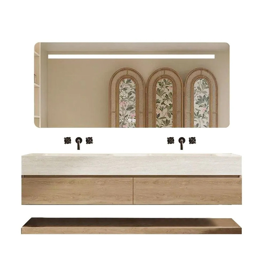 360Home Wandhängendes Doppelwaschbecken Set in Travertin Optik Beige mit Unterschrank und Spiegel mit LED-Beleuchtung und Anti-Beschlag-Funktion, Breite: 130 cm - Bild 2