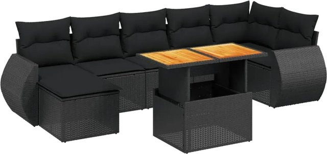 vidaXL 8-teilige Garten-Sofagarnitur in L-Form aus schwarzem Poly-Rattan mit Kissen und Akazienholz - Bild 1