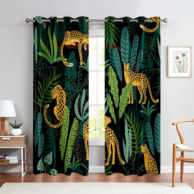Tier-Fenstervorhänge im Cartoon-Stil für Kinderzimmer mit Tiermotiven, 2 Paneele, halbtransparent, Mehrfarbig, B: 85 cm, H: 200 cm - Bild 1