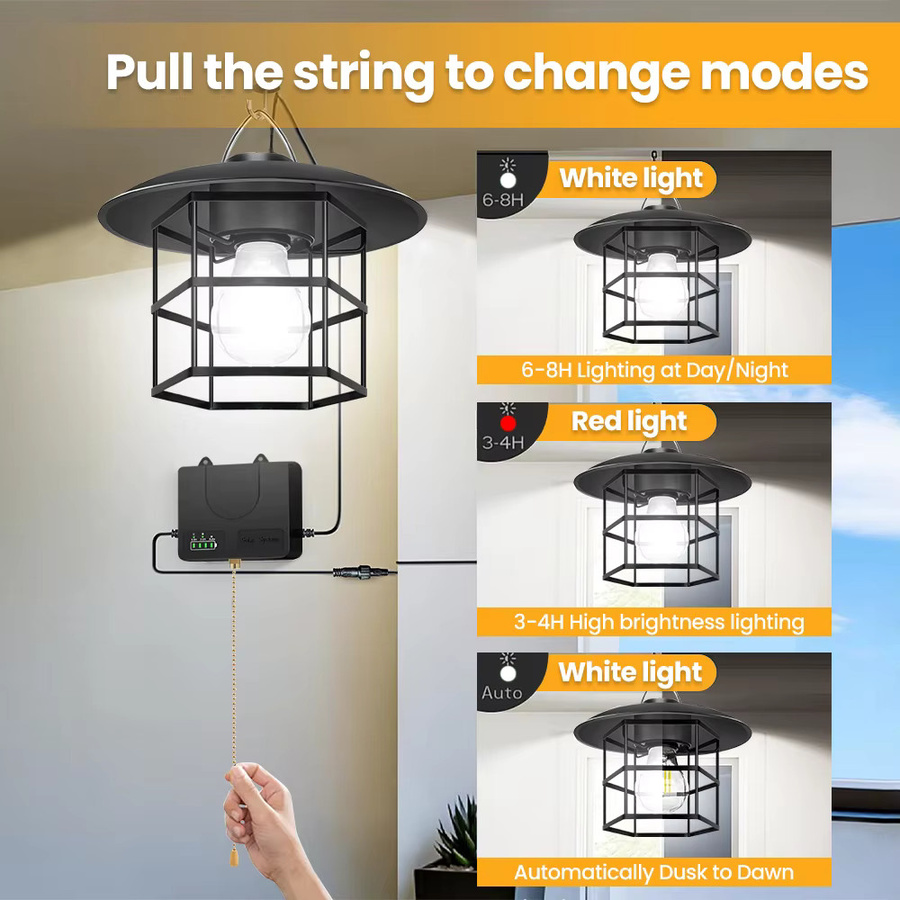 Solarbetriebene LED-Pendelleuchte im Industrial-Design für Garten, Balkon und Terrasse, IP65 wasserdicht, Schwarz, mit Kettenschalter und Batteriestandsanzeige - Bild 4
