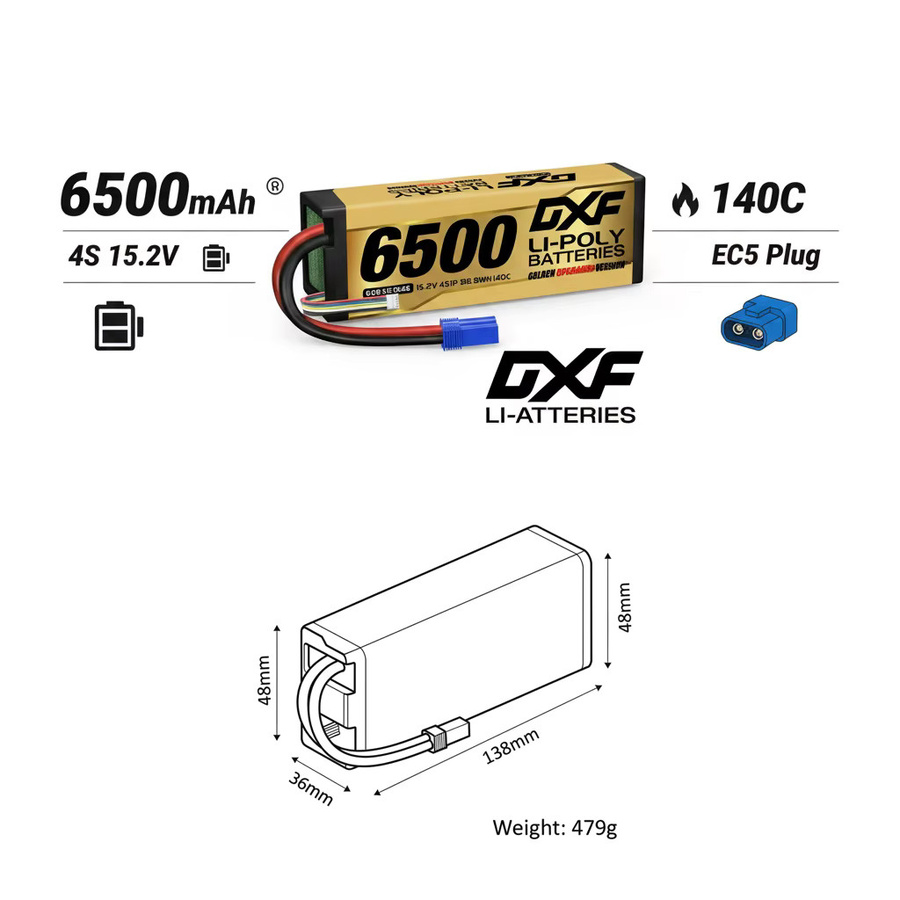 DXF Graphene Lipo 4S Akku Racing Series Hardcase 15,2V 6500mAh 140C mit EC5 Stecker Gold Version für RC Auto Truck Truggy 1/8 Buggy - Bild 2