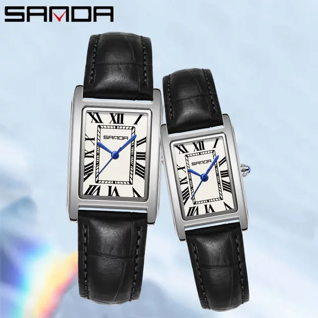 SANDA Armbanduhr, Quarz, Leder, Schwarz, Eckig, Unisex - Bild 1