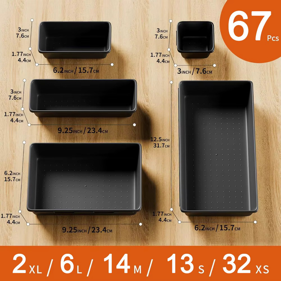 Werkzeugkasten Organizer aus Kunststoff in Schwarz mit Trennwänden und ineinandergreifbarem Design für Schreibtisch und Schubladen - Bild 2