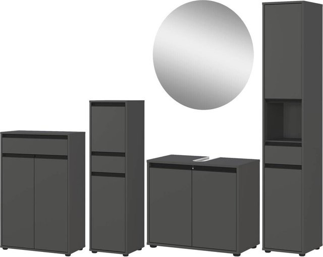 Badezimmer-Set Germania 9933-547 in Graphit mit Waschbeckenunterschrank, Midischrank, Hochschrank, Kommode und Spiegel, B/H/T: 249 x 190 x 34 cm - Bild 1