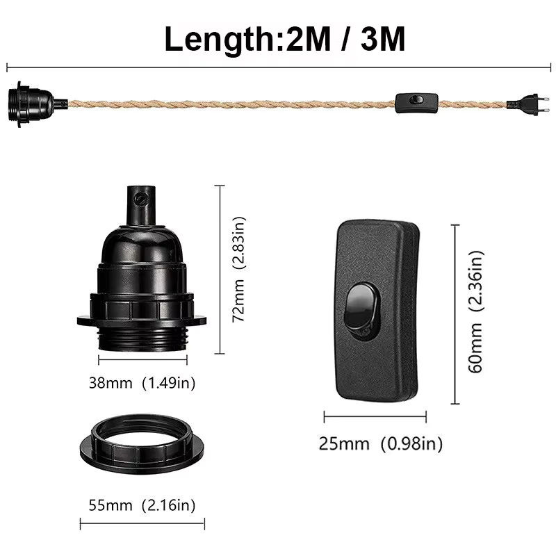 Genixgreen DIY Vintage Lampenkabel mit E27 Kunststoffsockel und Schalter, gedrehtes Seil-Elektrokabel mit 2 Kernen - Bild 3