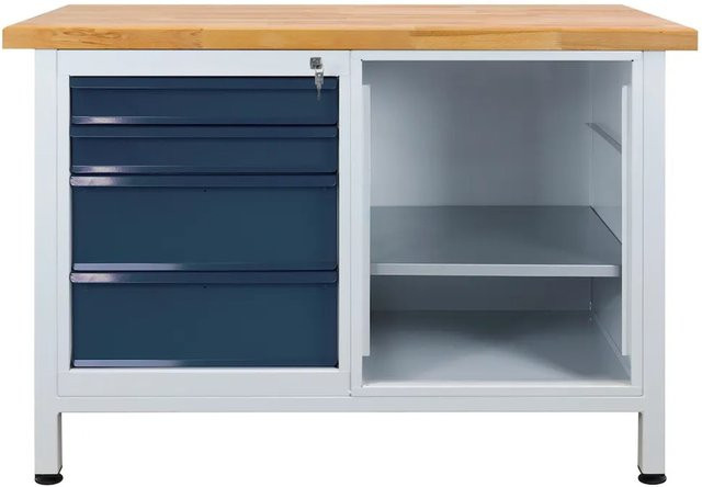 PROREGAL Werkbank Rhino mit 4 Schubladen aus Stahl und geölter Buche, H x B x T: 84 x 120 x 60 cm, Lichtgrau Anthrazitgrau - Bild 1