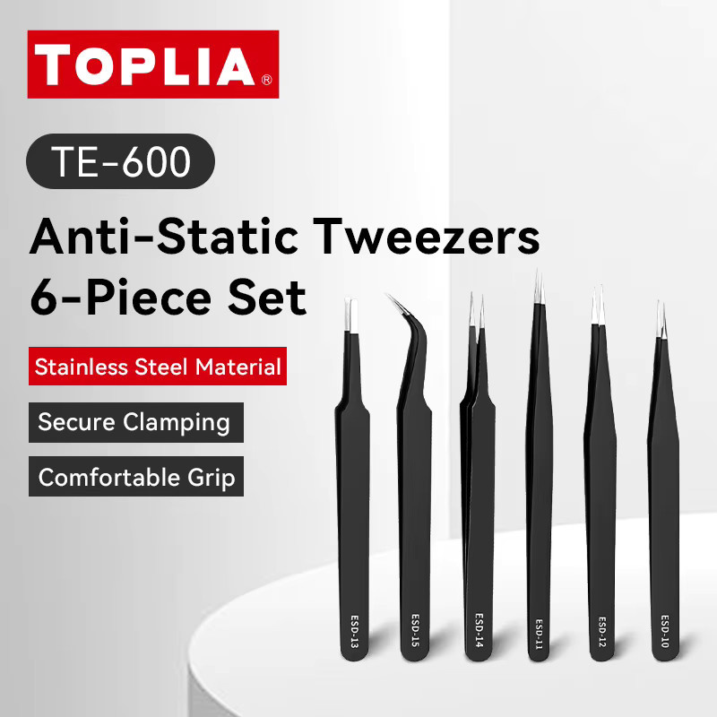 TOPLIA 6-teiliges ESD-Präzisionspinzetten-Set aus schwarzem Edelstahl für Elektronik, Löten und Schmuckarbeiten - Bild 2