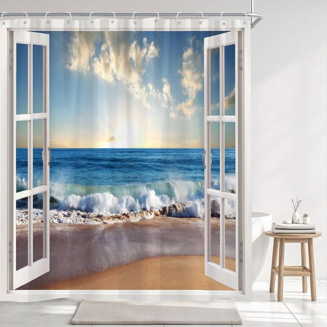 Dunika Chen Duschvorhang mit Meeresstrand-Motiv in Mehrfarbig, wasserdicht und schimmelresistent aus Polyester, B: 90 cm, H: 165 cm - Bild 1