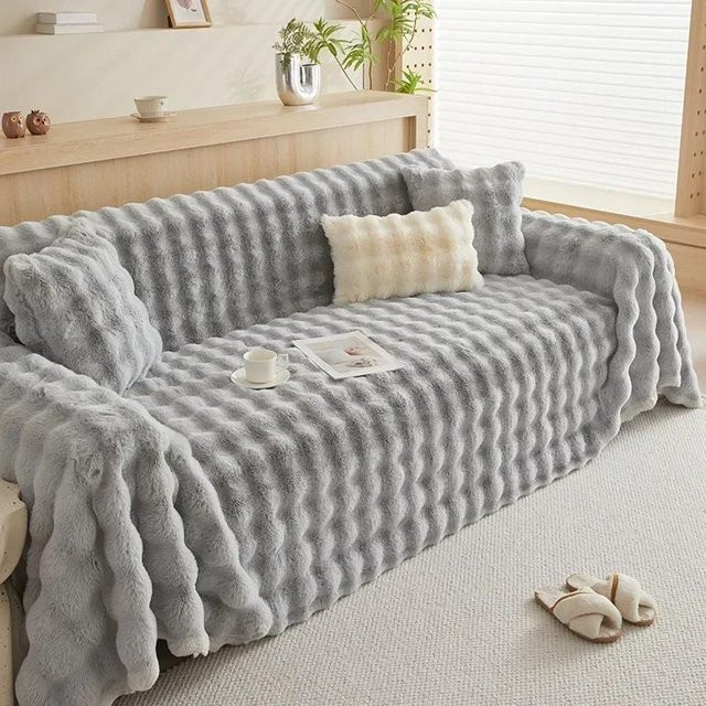Superweicher Sofabezug aus Blasen-Imitation Kaninchenfell in Grau, rutschfeste Plüsch-Sofadecke für dein Wohnzimmer, B/B: 90 x 90 cm - Bild 1