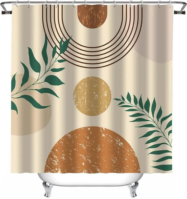 Wasserdichter Boho Duschvorhang mit Pflanzendruck in Beige, modernes Duschvorhang-Set aus Polyester inklusive 12 Haken, B/H: 228,6 x 228,6 cm - Bild 1