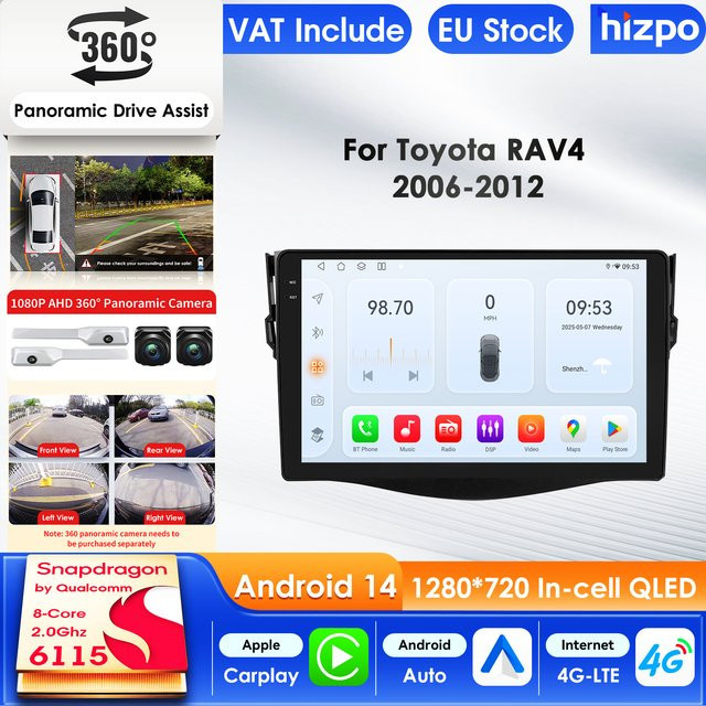 Hizpo Autoradio für Toyota RAV4 2006–2012 mit Android Auto, Apple CarPlay, GPS, WiFi, 4G, Bluetooth und 360 Grad Kamera in Schwarz - Bild 1