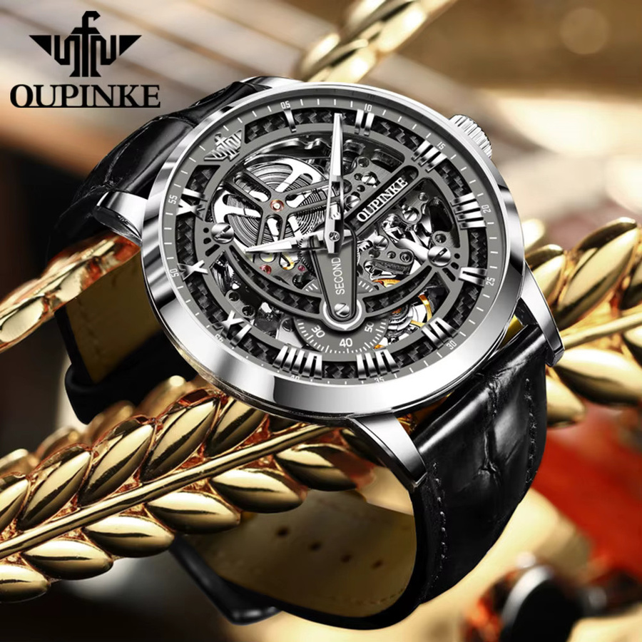 OUPINKE Armbanduhr, Automatik, Edelstahl, Leder, Schwarz, Herren - Bild 2