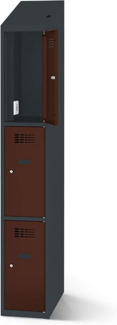 rotstahl Fächerschrank mit Ladefunktion und 3 Fächern in Mahagoni mit anthrazitgrauem Korpus, B: 30 cm, H: 200 cm - Bild 1
