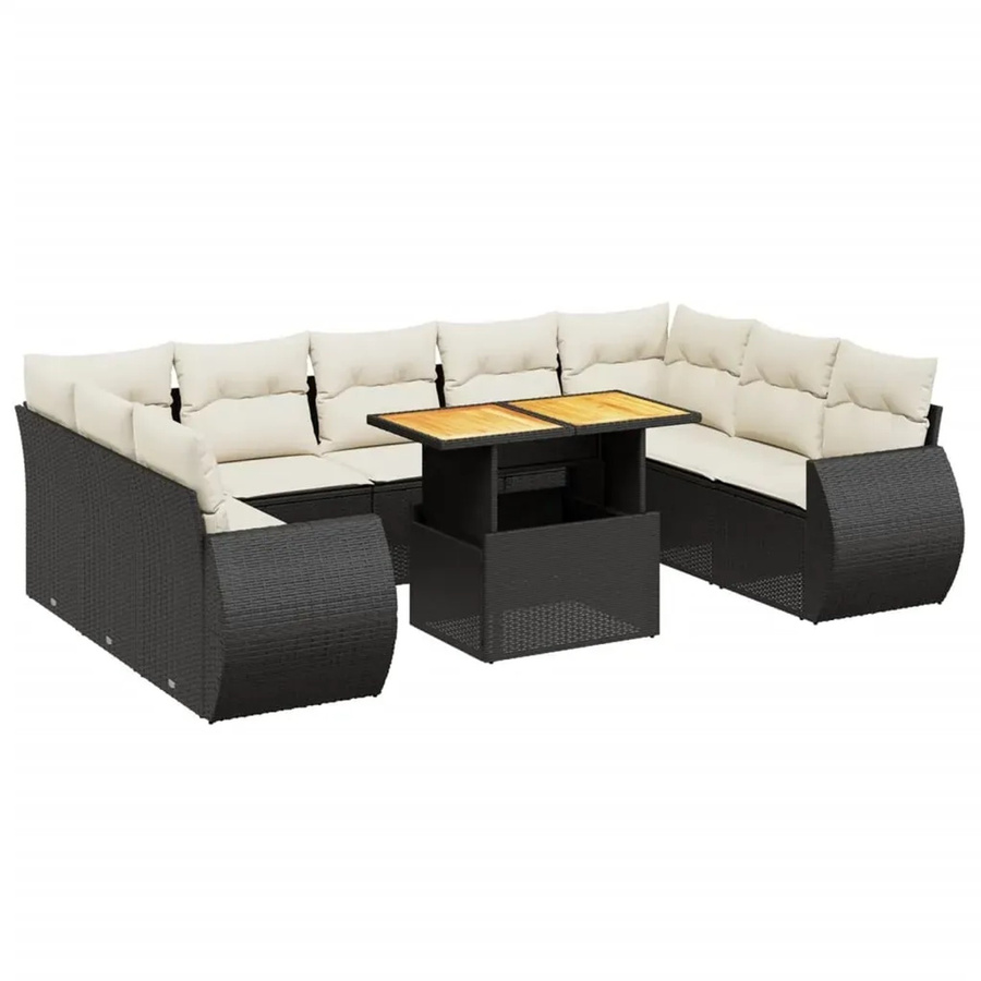 vidaXL 10-tlg. Garten-Sofagarnitur in L-Form aus Polyrattan und Akazienholz mit Kissen in Schwarz-Creme - Bild 2