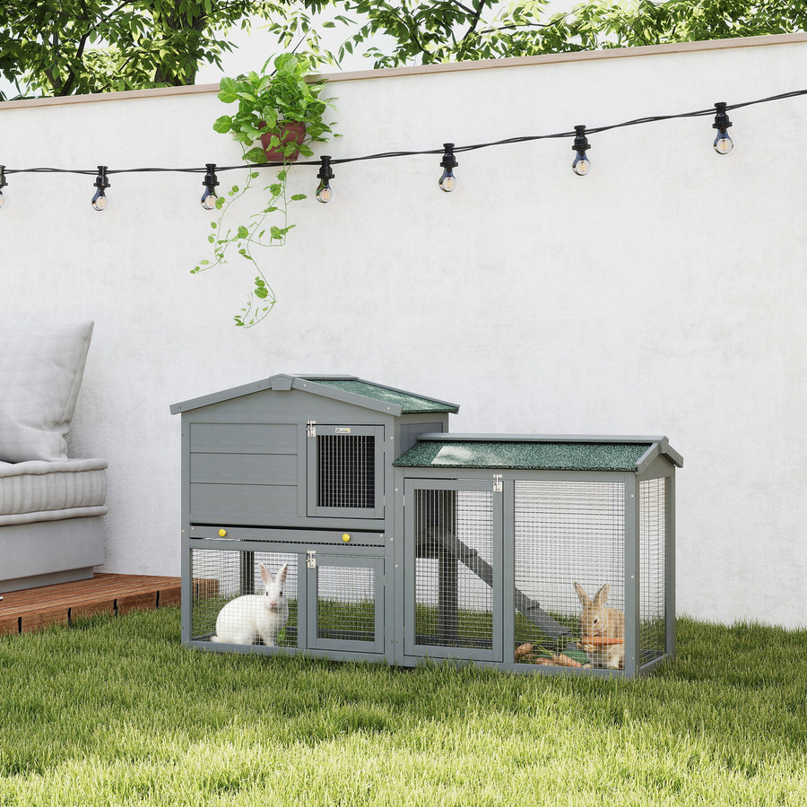 PawHut 2-stufiger Kaninchenstall aus Holz in Grau mit Asphalt-Dach, herausnehmbarer Schublade und Leiter für Meerschweinchen und Hamster, B/T/H: 150 x 45 x 85 cm - Bild 2