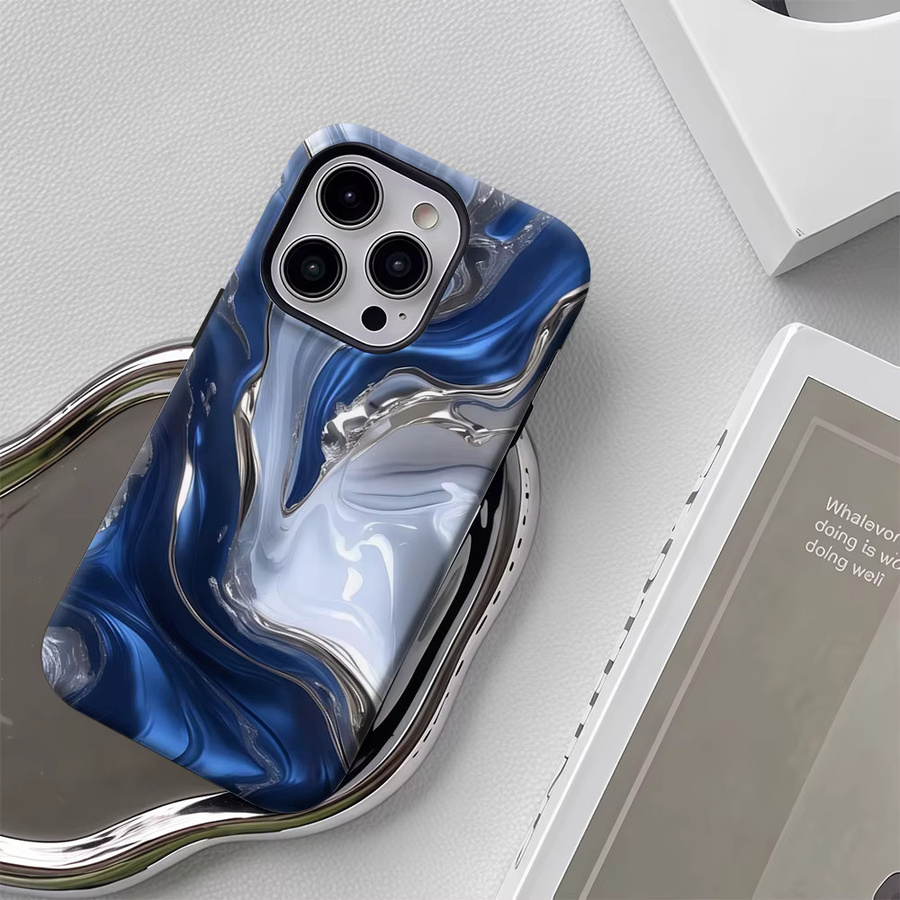 Handyhülle mit fließender Textur in Blau und Silber für Apple iPhone 17 16 15 14 13 12 Pro Max Plus mit doppelschichtiger Rückseite - Bild 5