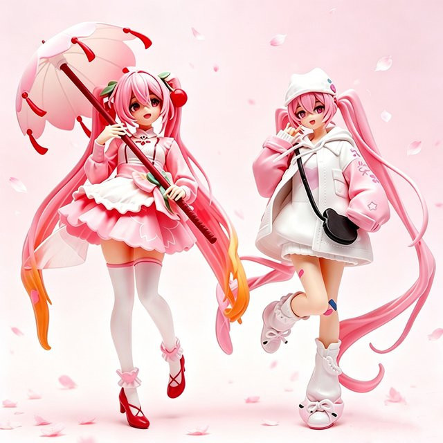 Bandai Hatsune Action-Modell, Stehende Pose Regenschirm Kirschblüten, Kunststoff, Rosa / Pink - Bild 1