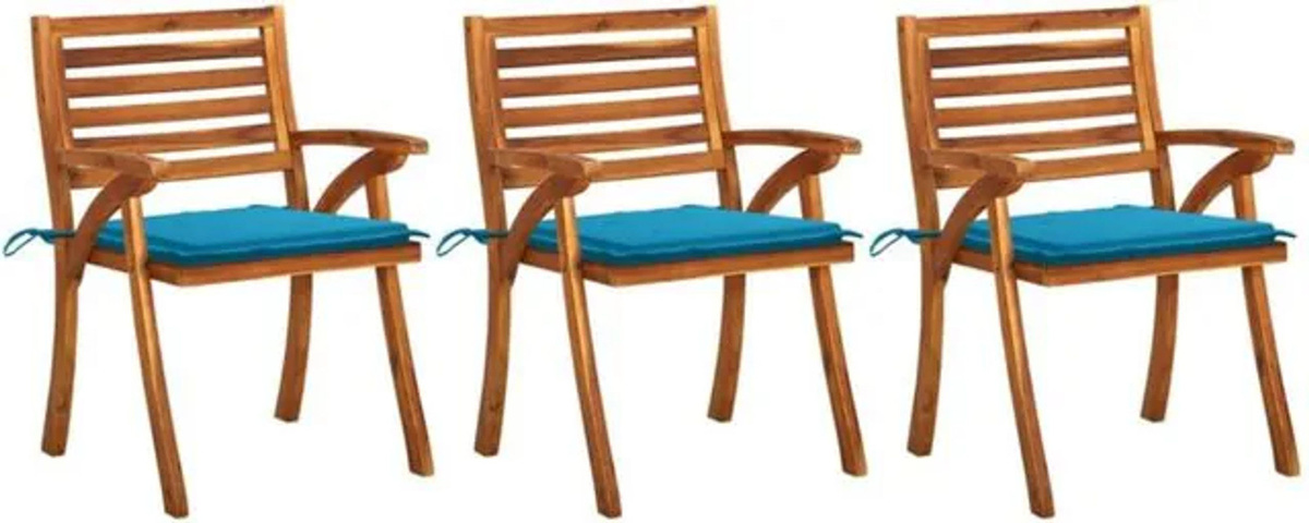 3er Set Gartenstühle aus Massivholz Akazie mit blauen Kissen von vidaxl - Bild 1