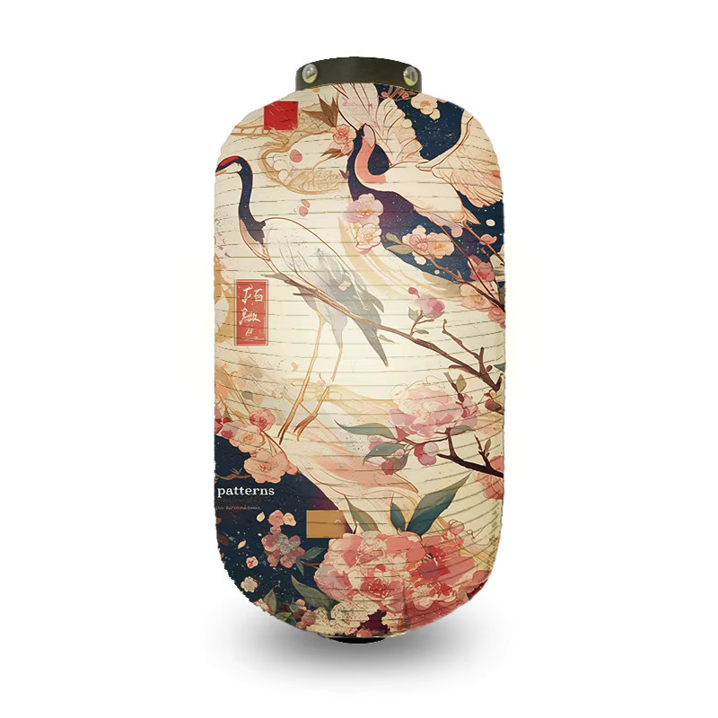 Japanische Hängelaterne im orientalischen Stil mit Sakura-Kranich-Print, mehrfarbig mit schwarzem Akzent, aus Papier für Garten und Restaurant-Dekoration - Bild 1