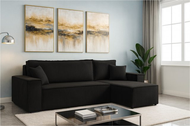 M-Punkt Wohnlandschaft COMO Ecksofa mit Bett und Ottomane aus Cord in Schwarz, universell konfigurierbar - Bild 1