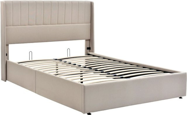 Merax Polsterbett mit Stauraum und Lift-up-Funktion in Beige, B/T/H: 160 x 200 cm - Bild 1