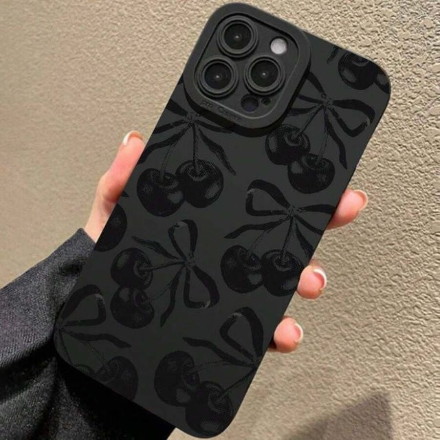 Schwarze Handyhülle mit Kirschmuster für Apple iPhone 11 bis iPhone 17 Pro Max und XS XR XS Max mit Anti-Sturz-Schutz - Bild 1