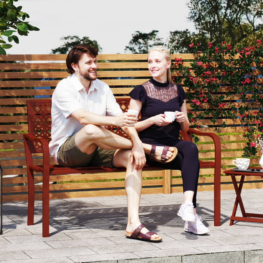 Outsunny 2-Sitzer Gartenbank aus Metall mit Rücken- und Armlehnen, wetterfeste Parkbank für Garten, Terrasse oder Balkon, Rot, B/T/H: 127 x 63 x 85 cm - Bild 2