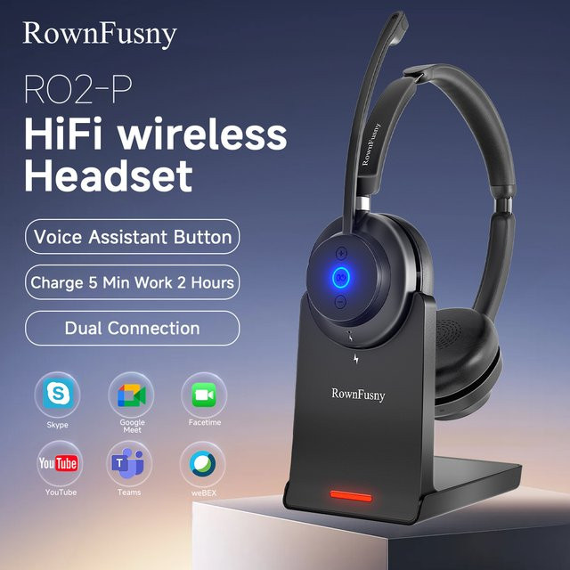 Rownfusny R02 Kabelloses Bluetooth Over-Ear Headset mit Mikrofon und Geräuschunterdrückung für Call-Center, Schwarz - Bild 1