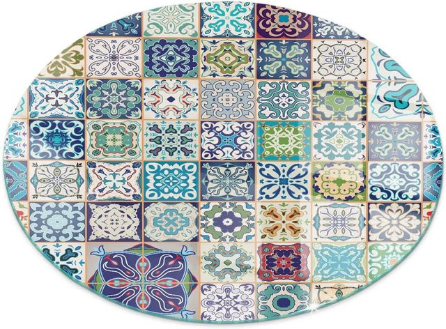 Tulup Runde Glasplatte für Kamin mit Mosaikmuster in Blau, Durchmesser: 50 cm - Bild 1