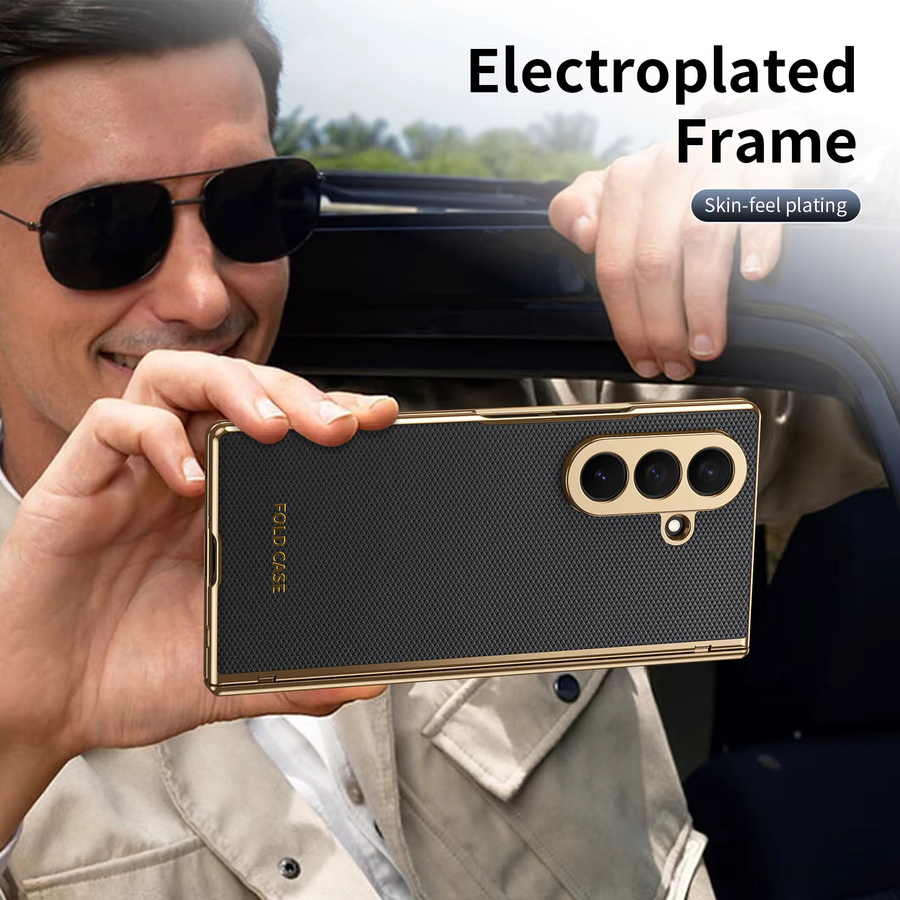 Stoßfeste Leder-Handyhülle mit Scharnierschutz und goldenem Rand für Samsung Galaxy Z Fold 7, 6, 5, 4, 3 in Schwarz, Blau oder Gold - Bild 3