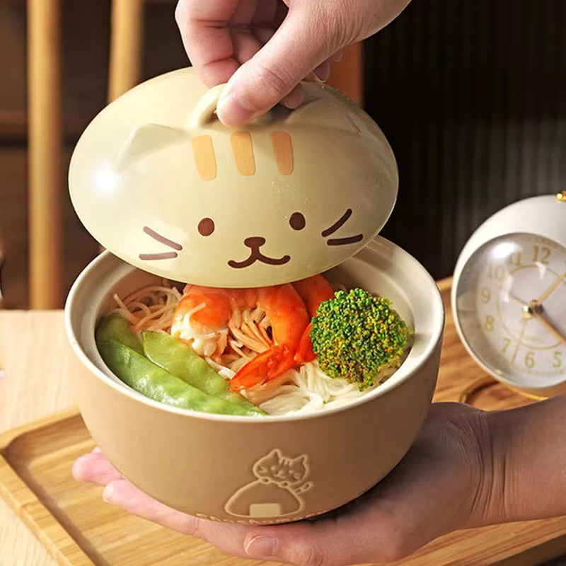 YWDL Keramik Suppenschüssel mit Deckel im japanischen Design mit Katzen-Motiv, Farbe: Gelb - Bild 2