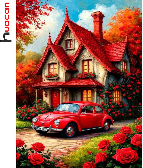 Huacan DIY Diamantmalerei Herbst Haus mit Blumen als Mosaik-Landschafts-Set in Multicolour, B/H: 30 x 20 cm - Bild 1