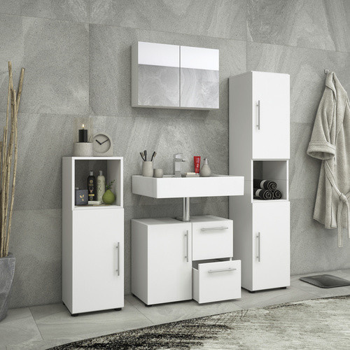 VCM Badmöbel-Set Flandu in Weiss, 4-teiliges modernes Badezimmer-Set mit Waschtischunterschrank, Spiegelschrank, Hochschrank und Wandschrank, B/H/T: 61 x 160 x 32 cm - Bild 2